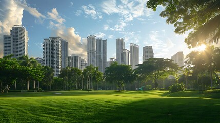 Fototapeta premium Urban Oasis: Skyscrapers and Lush Greenery