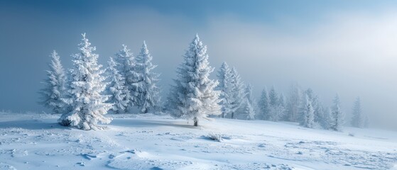 Fototapeta premium Serene Winter Wonderland: Snow-Covered Trees in Enchanting Foggy Morning