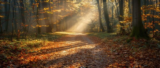 Obraz premium Tranquil Autumn Forest Path with Sunlight and Fallen Leaves