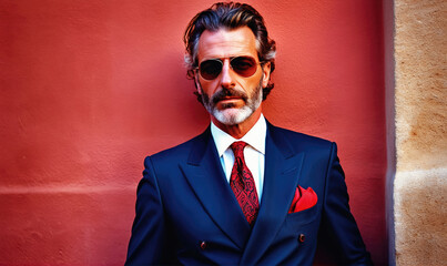 A man in a blue suit and red tie stands against a red wall