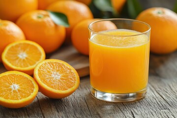 Fresh Orange Juice with Whole Oranges on Rustic Wooden Table - Healthy Beverage for Wellness