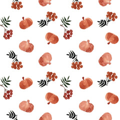 Watercolor seamless pattern of pumpkins and ashberries.Fall design for textiles, papers.