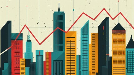 Cityscape with red graph line showing upward trend.