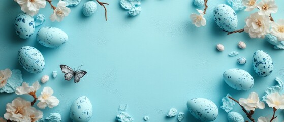This tranquil spring background showcases beautifully decorated Easter eggs and delicate flowers on a pastel blue surface, providing space for personalization or messaging