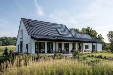 Obraz premium Modern farmhouse with a sleek design surrounded by greenery and open space.