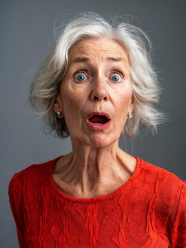 A surprised woman in red shirt. Her mouth is wide open. Her eyes are wide and round.
