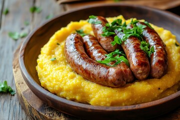 Delicious Grilled Sausages on Creamy Polenta with Fresh Herbs - Rustic Winter Food Photography