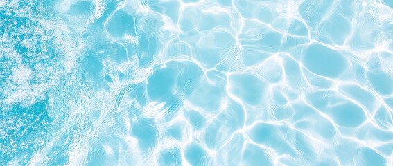 Obraz premium Blue clear water surface texture with ripples, splashes, and bubbles. Abstract summer banner background. Cosmetic moisturizer micellar toner with copy space.