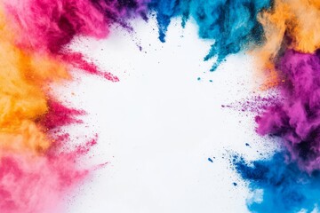 Fototapeta premium Background with copy space of colorful rainbow holi paint powder explosion on a white background