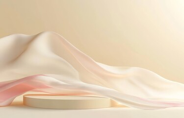 Display podium, beige background with pedestal and flying silk cloth curtain in nude color. Decorative elegant presentation stand for beauty and cosmetic products.