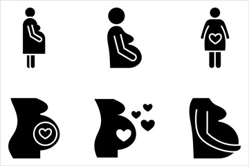 Pregnant Woman icon set, Black Outline Vector, Maternity Icon on white background