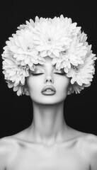 A stunning portrait of a woman adorned with a floral headpiece, showcasing beauty and elegance in black and white.