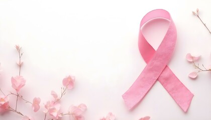 Fototapeta premium Pink ribbon, the international symbol for breast cancer awareness, elegantly placed on a light, minimalist background. Represents hope and support for those affected by the disease