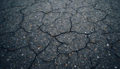 Obraz premium Rough asphalt texture with visible pebbles and small cracks. Features a dark gray color and slightly grainy structure, offering a raw, urban appearance ideal for urban planning, automotive