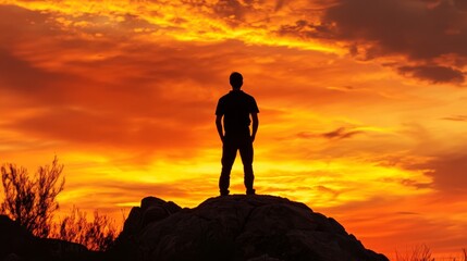 A man stands against a vibrant orange sky at sunset, his silhouette cast upon a rock. He gazes forward, his eyes drawn to the natural beauty surrounding him.