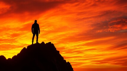 A man stands against a vibrant orange sky at sunset, his silhouette cast upon a rock. He gazes forward, his eyes drawn to the natural beauty surrounding him.