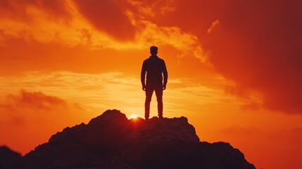 A man stands against a vibrant orange sky at sunset, his silhouette cast upon a rock. He gazes forward, his eyes drawn to the natural beauty surrounding him.