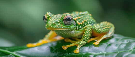 Obraz premium Detailed Frog on Green Leaf with Intricate Skin Patterns and Soft-focus Background