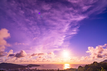 Landscape view colorful sunset or sunrise sky, Beautiful Light Sunset or sunrise over sea,Colorful clouds majestic scenery sunset Sky, Amazing clouds and waves in the ocean,Wonderful cloud background