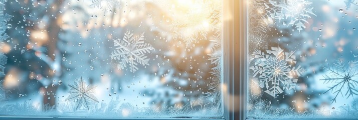 Christmas background featuring a snowy window view with frost patterns on the glass