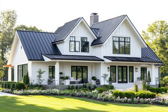 A modern white house with a black roof, surrounded by a landscaped garden.