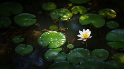 A tiny Nymphoides indica flower blooms in a dark pond amidst lily pads and duckweed.