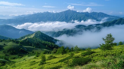 Mountain Landscape with Clouds and Greenery