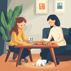 Fototapeta premium Two friends playing a board game together at home, enjoying a cozy indoor atmosphere with a playful cat nearby.