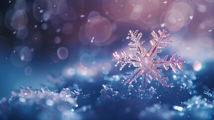 Fototapeta premium Macro shot of a snowflake, shimmering background, soft focus, delicate and beautiful.
