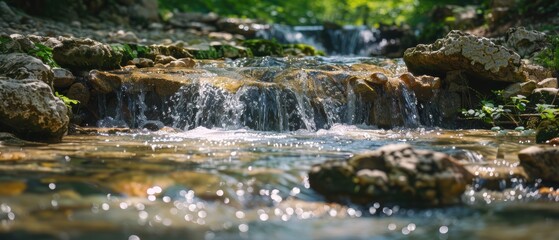 Fototapeta premium Serene Clear Stream Cascading over Smooth Rocks in Nature