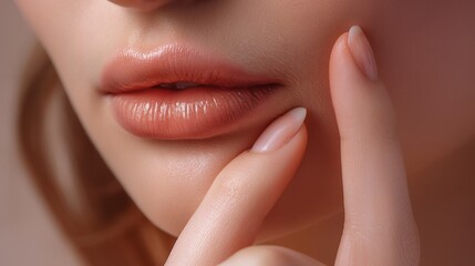 Fototapeta premium Close-up of a woman's lips and fingers, highlighting beauty and skincare.