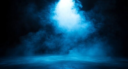 Dark blue background with wet asphalt on a foggy street, illuminated by a searchlight, laser beams, and smoke