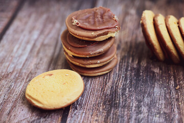 Jaffa Cakes. Cookies covered with dark chocolate and filled with orange marmalade Delicious 