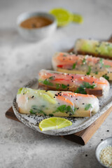 Summer rolls with fresh vegetables and smoked tofu served with peanut sauce and lime. Vietnamese appetizer. Spring rolls. Healthy food concept. Snacks, finger food. Close up.