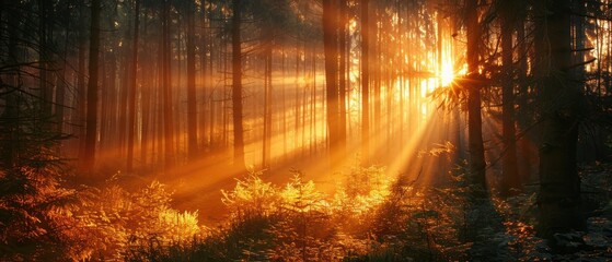 Serene Forest Scene: Golden Sunlight Filtering Through Lush Canopy of Trees