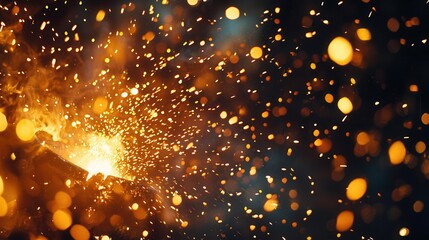 Naklejka premium Sparks flying as metal is shaped in the heat of Metal Forging Sparks close up intense craftsmanship theme vibrant Multilayer Blacksmith shop as backdrop