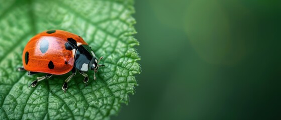 Fototapeta premium Vibrant Close-Up of a Ladybug Perching on a Lush Green Leaf in Nature