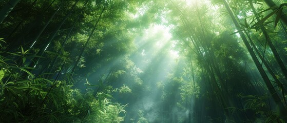 Serene Bamboo Forest Bathed in Sunlight - Tranquil Nature Scene with Green Bamboo Trees and Sun Rays Filtering Through in a Peaceful Asian Landscape.