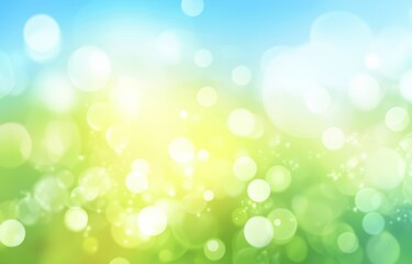Obraz premium Blue and green spring background with blurred foliage and bright bokeh.