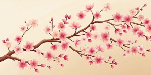 Naklejka premium Delicate pink cherry blossom branches adorned with symbolic Japanese motifs unfurl against a soft cream background, creating a stunning flat vector illustration of spring's gentle beauty.