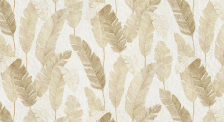 A beige-toned pattern of large banana leaves arranged in a repeating design on a textured white background
