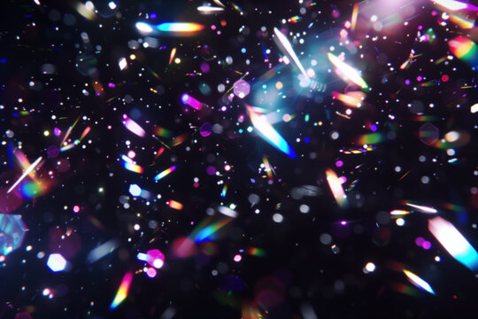 Beautiful iridescent light on black background, Dark background with a prism light effect, Glowing colorful lights and bokeh lens flare overlay, sunlight refraction, Shiny lights in the dark
