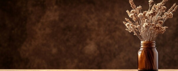 Elegant dried flower arrangement in a rustic jar, set against a warm brown background. Perfect for home decor inspiration.