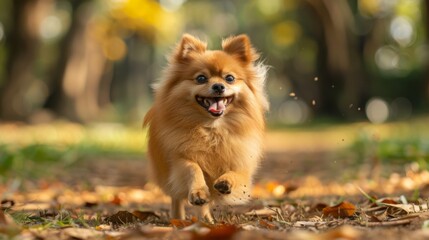 Fototapeta premium Playful Pomeranian Running in Autumn Forest