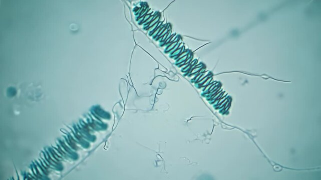 Microscopic examination of spirulina strands reveals intricate structures and movement