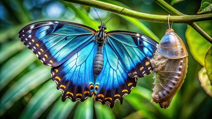 10. A beautiful cerulean morpho butterfly emerging from its cocoon, its iridescent wings slowly unfolding, a realistic photo image.