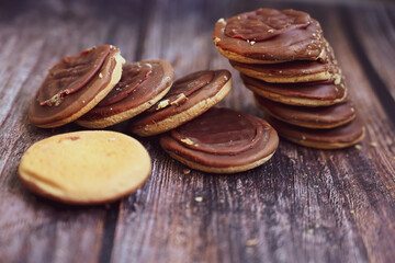 Jaffa Cakes. Cookies covered with dark chocolate and filled with orange marmalade Delicious 