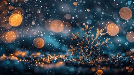 Snowflake in focus, shimmering sparkles background, soft blur, festive and enchanting.