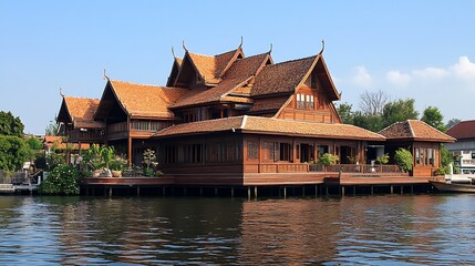 Fototapeta premium A traditional Thai wooden house sits on stilts over a calm river, with lush greenery and a clear blue sky.
