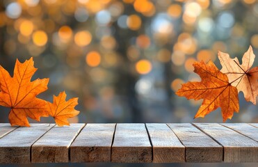 Obraz premium For Thanksgiving and other seasonal messages, there is a golden brown autumn background of leaves and copyspace on the top of a wooden table display.